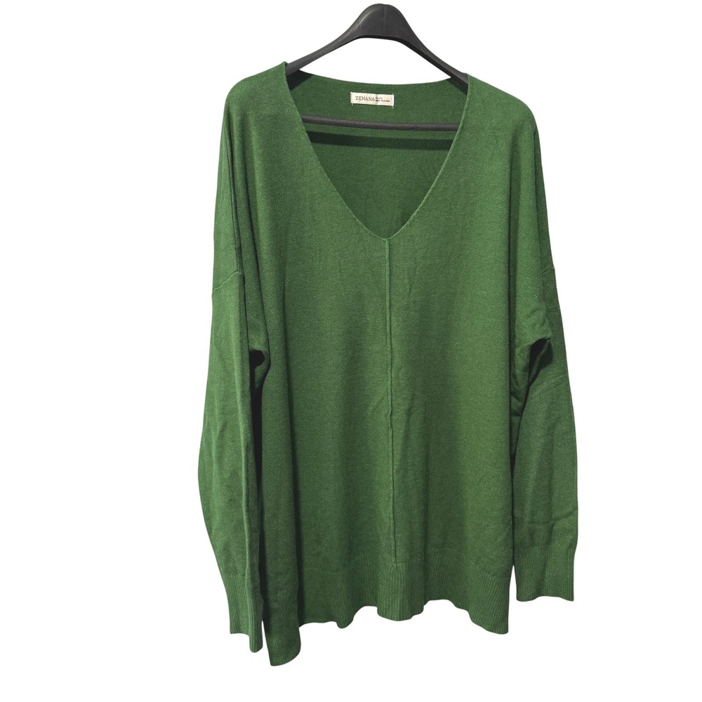 Zenana Green V-Neck Oversized Pullover Sweater Center Seamβ Viscose Blend 1X/2X